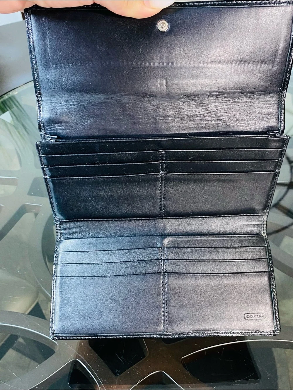 Coach Soho Black Signature Jacquard Pleated Wallet Checkbook Patent Trim Vintage